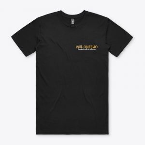 Front side of will-one basketball academy essential tee-shirt